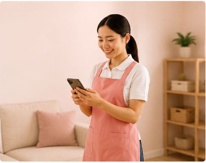 Helper using NexMaid on her phone at home