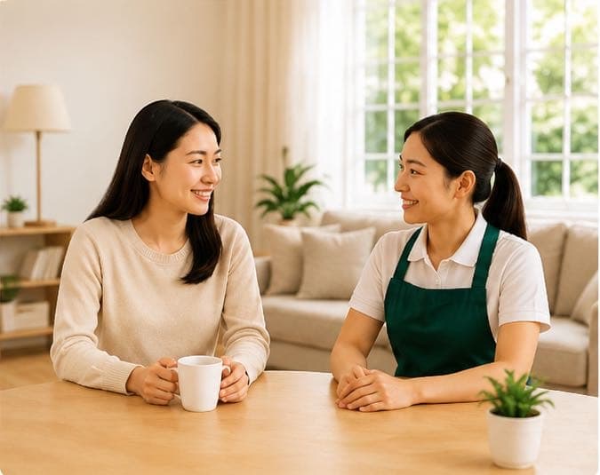 Employer and helper having a conversation at home